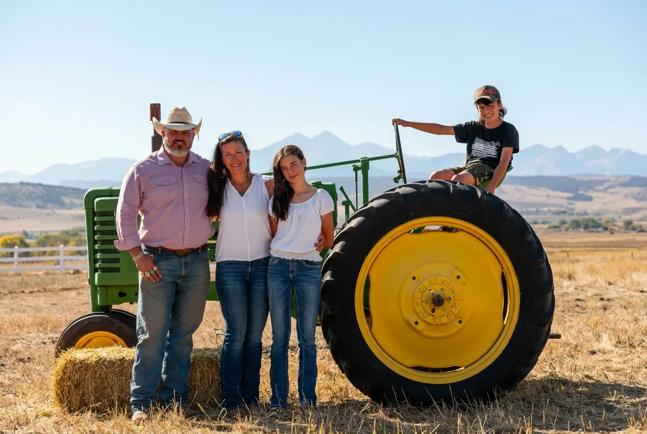 The Bennett family standing with their son on a green John Deere tractor, Colorado mountains in the background