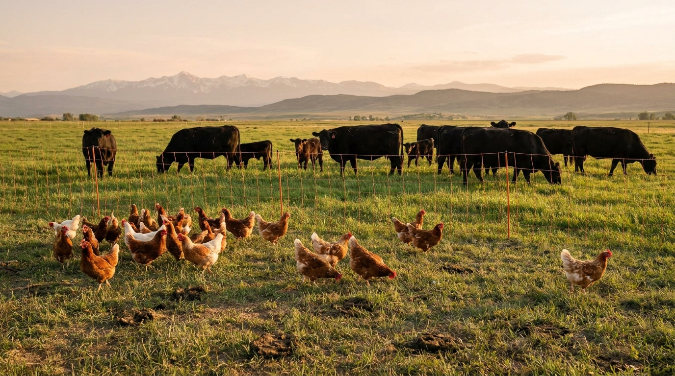 Cattle and chickens grazing together on rotational pasture
