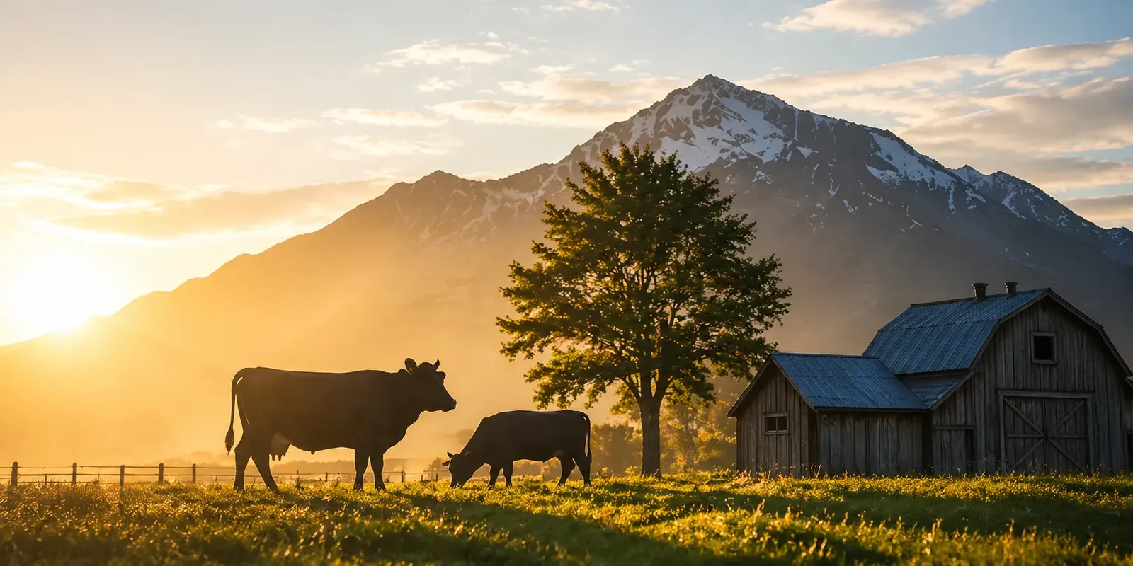 Cattle grazing at sunrise with snow-capped mountains and a wooden barn behind